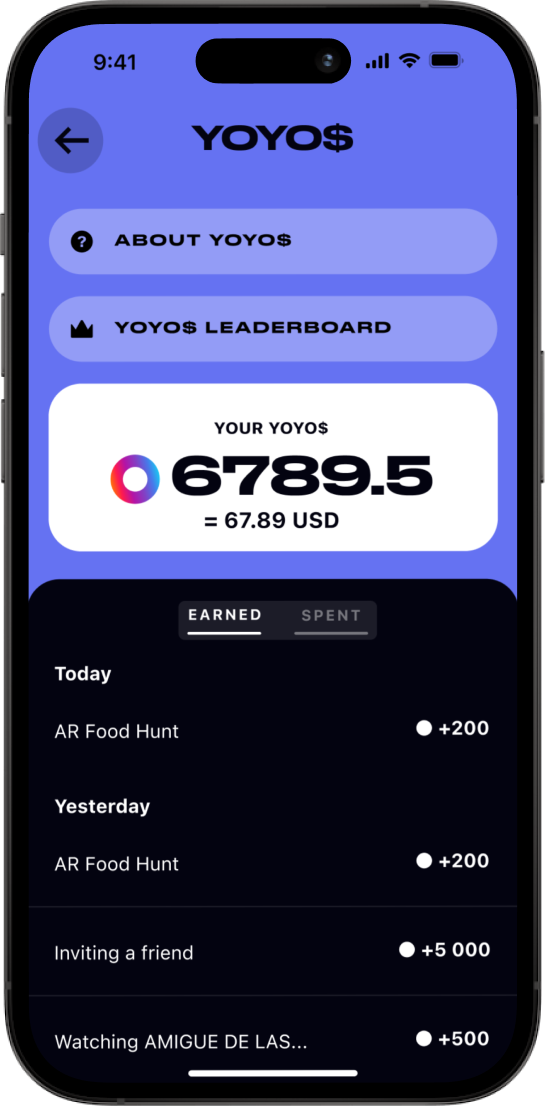 YOYO$ wallet in Global YO — earned activity log